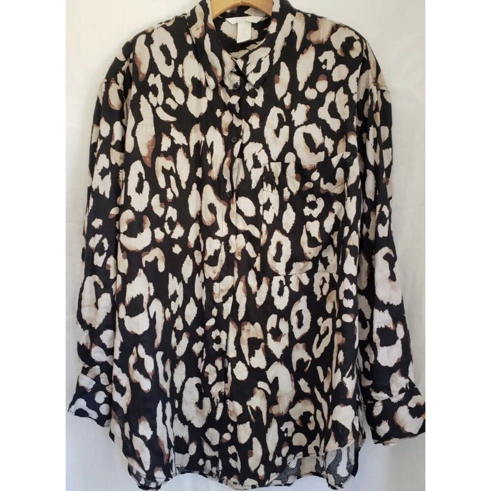 H&M 100% Linen Oversized Small Blouse Button Down Long Sleeve Animal Print Top